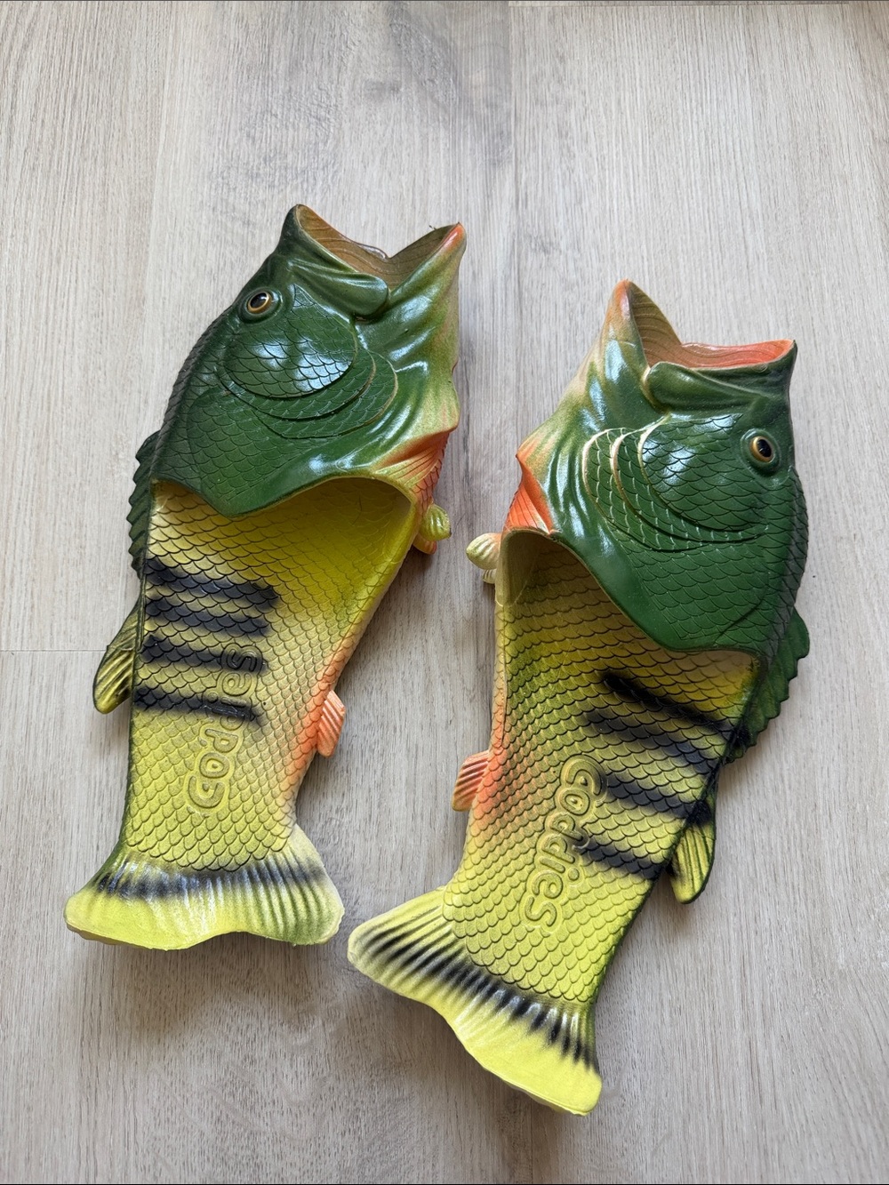Novelty Fish-Shaped Slip-On Slippers in Green/Yellow